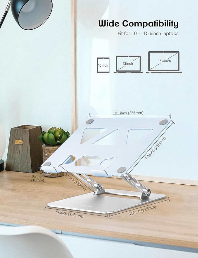 Aoviho Adjustable Laptop Stand for Desk,Portable Laptop Stand Holder and Riser,Foldable Aluminum Notebook Computer Stands for MacBook Air Pro HP Lenovo Dell Samsung, 10-15.6 inch (Sky Blue-Silver)