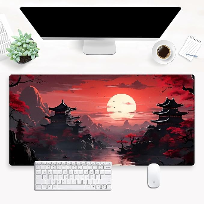 Red and Black Japanese Desk Mat - 31.5x15.7in Extended Gaming Mouse Pad - XL Full Moon Sakura Art Keyboard Mat - Waterproof Stitched Edges Desk Protector for Gaming & Office