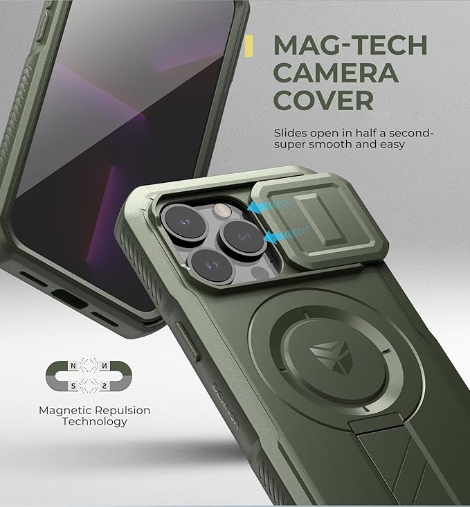 Dexnor for iPhone 13 Pro Case with Slide Camera Cover & Adjustable Kickstand & Built-in Screen Protector, Magnetic Rugged Shockproof Bumper Cases Heavy-Duty Magnetic Protective Cover,Army Green