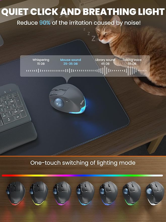 MAM1 Pro Wireless Trackball Mouse, Ergonomic Bluetooth Rechargeable Computer Mouse, Backlit Rollerball Thumb mice with 5 Level DPI, Adjustable Angle, 3 Devices Connection for PC, Windows - Gray Mouse