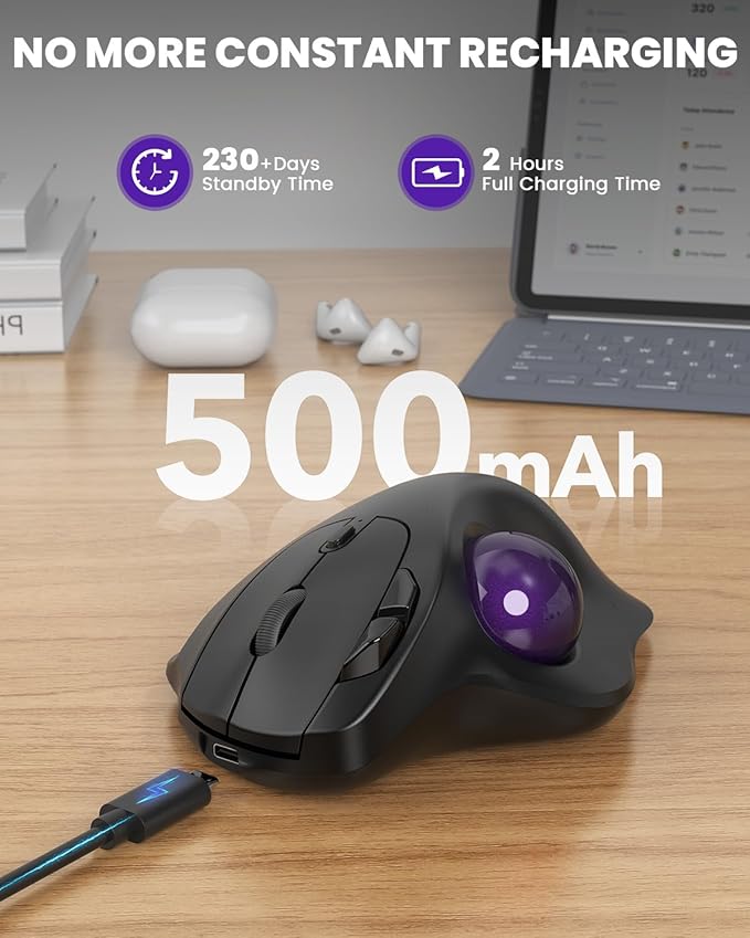 SABLUTE MAM2 Wireless Trackball Mouse with 5-Level DPI, Ergonomic Mouse 2.4G Plug-and-Play for 3 Devices (Bluetooth or USB), 500mAh Battery, Compatible with PC/Laptop/Mac/Windows-Purple Ball