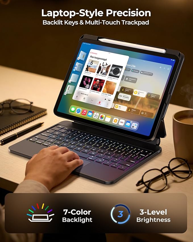 SIBEITU Keyboard Case for iPad Air 11 Inch M4/M3/M2 (2026/2025/2024) & iPad Pro 11” 2018-2022/Air 5th/4th Gen, Detachable Case with Contact Connector, Easy-Set Magnetic Stand, Backlit Keyboard, Black