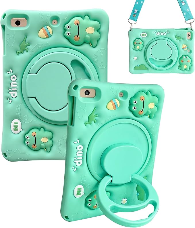 Dteck for iPad 9th/8th/7th Generation Case 10.2",Cute Cartoon Funda 3D Unique Design Light Rotating Handle Stand Shoulder Strap Soft Silicone Drop Rugged Shockproof Protective Kid-Proof Case,Dinosaur