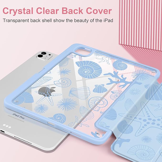 Case for iPad Pro 13 inch (M5) 2025 (M4) 2024 Release Slim Lightweight Cute Light Blue Cover with Clear Back TPU Edge Pencil Holder Trifold Stand, Starfish and Shells