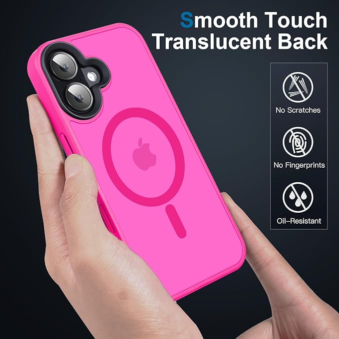 Strong Magnetic Case for iPhone 16 Case [5X-Grade Drop Tested & Compatible with MagSafe] Translucent Anti-Fingerprint Shockproof Protective Cover 6.1 Inch,Hot Pink
