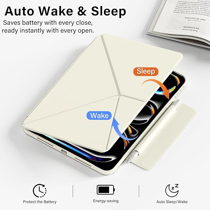 for iPad Pro 13 Inch Case (M5/M4) 2025/2024, Detachable Powerful Magnetic Attachment, Multiple Folding Stand, Slim Rebound Protection Cover, Auto Sleep/Wake, Cream White