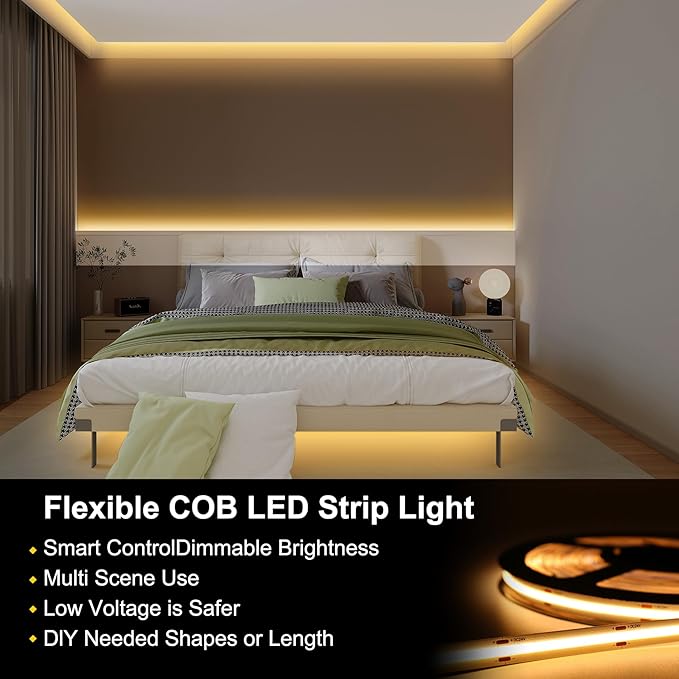 Pandery COB LED Strip Lights Warm White,24V Dimmable led Light Strip KIT with Remote and app Control,2700K 32.8FT/2 * 5m 8mm Wide Ra>90 Cuttable Flexible Strip Lights for Bedroom,Wardrobe,Cabinet
