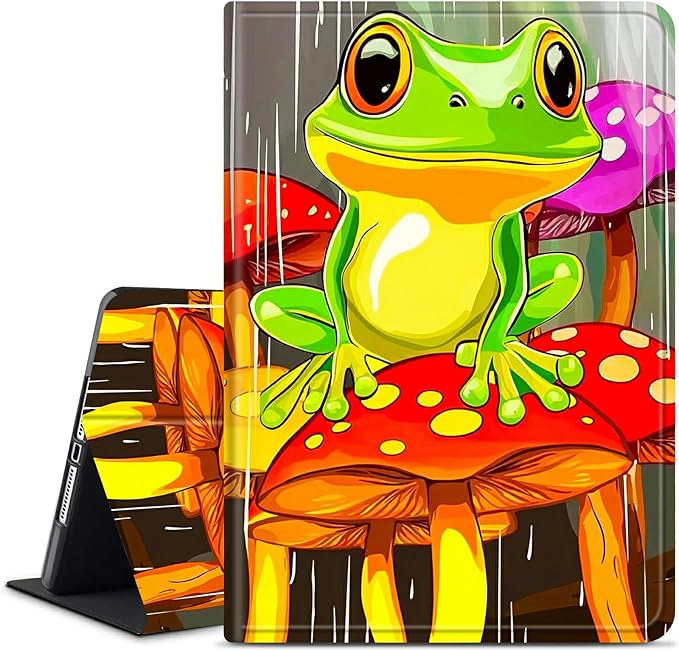 for Amazon Kindle Fire HD 8 (8th/7th/6th Generation, 2018/2017/2016 Release) 8" Tablet Case, Slim Kickstand Stand Leather Smart Cover with Auto Wake/Sleep, Green Frog Mushroom