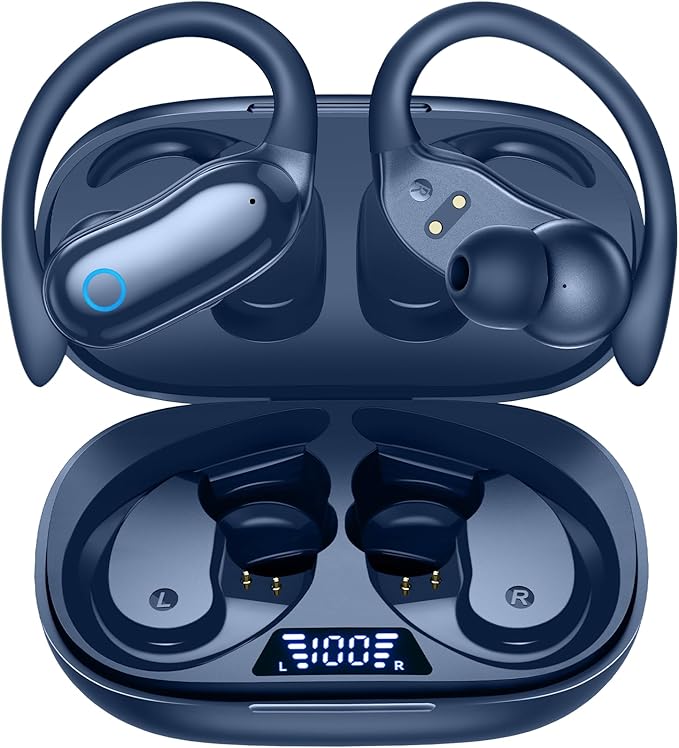 GNMN Active Noise Cancelling Ear Buds Wireless Earbuds 96hrs Playback Bluetooth Headphones Dual Battery Display Stereo Bass Earphones with Earhooks Microphone IPX7 Waterproof for Sports/Runing/Workout
