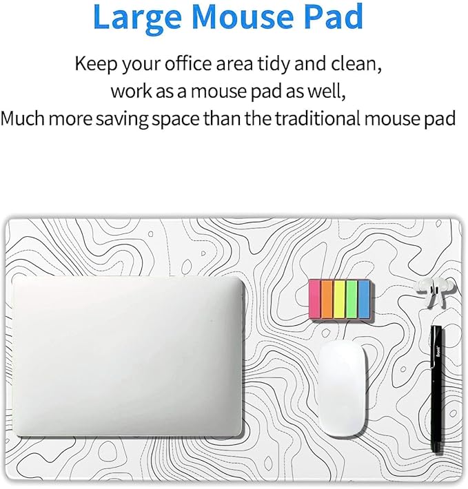 Topographic Map Mouse Pad Large White Lines Contour Geographic Extended Desk Mat 60x35 CM Non-Slip Rubber Base Stitched Edge Long Mousepad, 24x14 Inch