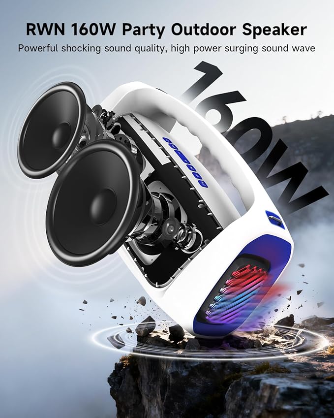 RWN Outdoor Bluetooth Speaker: 160W Loud Sound, IP67 Waterproof with 24H Playtime, Fast Charge, Bass, TWS, Portable Wireless Speakers with Light Show for House, Party, Projector, Beach (Blue+White)
