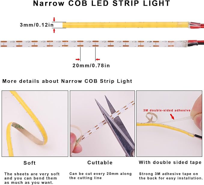 TOPAI 12V Thin 3mm COB LED Strip 3000K Warm White 16.4ft Bright CRI>90 Uniform Dotless 400LEDs/M Adhesive Flexible Cuttable LED Tape Light for DIY, Bedroom, Under Cabinet Lighting