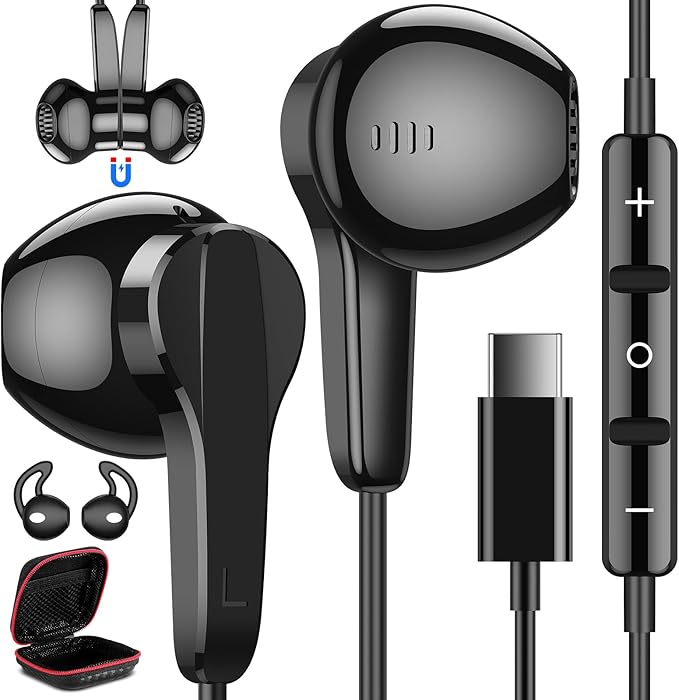 USB C Headphones for Samsung S26 S25 Ultra S24 S23 Fe, Type C Earphones with Microphone HiFi Stereo Volume Control Magnetic USBC Wired Earbuds for iPhone 17 Air 16 15 Pro Max Plus/Galaxy S22+ Flip 7