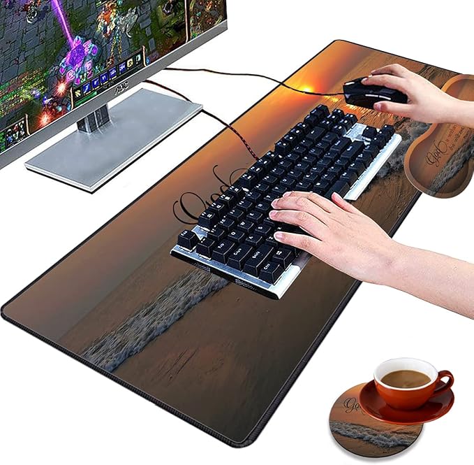 3 Piece Mouse Pad Set with Stitched Edge Large Anti-Slip Mouse Pad Desk Pad Keyboard Pad + Wrist Rest Pad + Coaster, Memory Foam Wrist Rest for Office/Home, Dusk Beach Quotes Psalm46:5