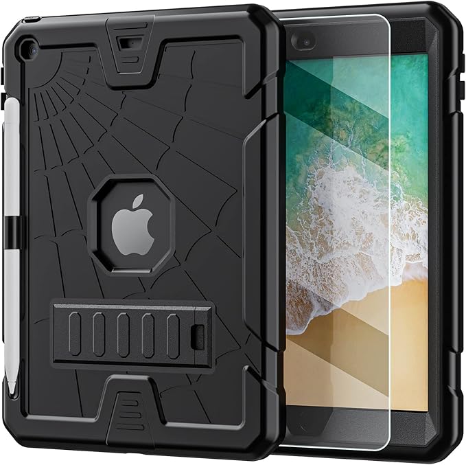 TSQQST iPad 5th 6th Generation Case 9.7" for Kids with Glass Screen Protector | iPad 9.7 Case with Pencil Holder+Stand | Silicone Drop Proof Case for iPad 5th 6th Gen 2017 2018 | Black