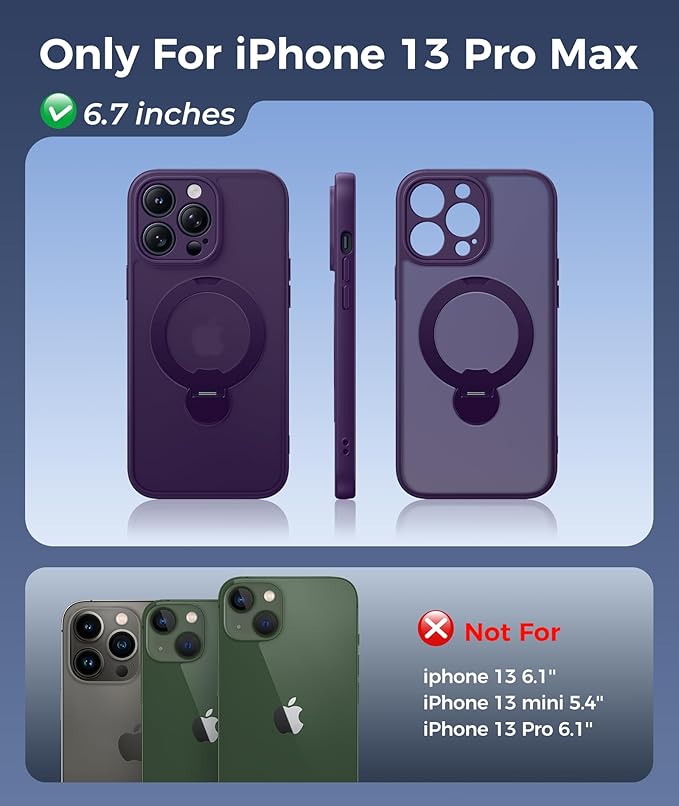 FNTCASE for iPhone 13 Pro-Max Case: [360 Spin Magnetic Stand] [Compatible with Magsafe] [Screen Protector] Translucent Matte Military Grade Shockproof Full Camera Protective Phone Cover - Purple