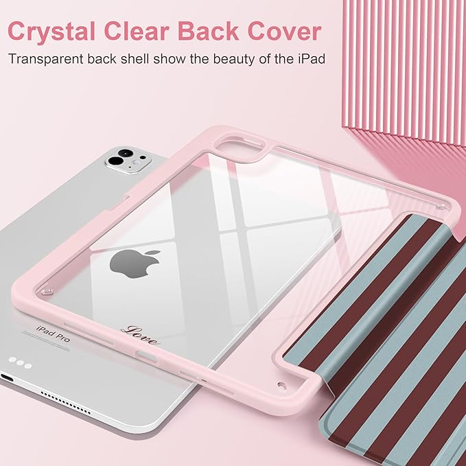 TWOLSKOO Case for iPad Pro 11-inch (M5 2025 / M4 2024), Clear Acrylic Back with TPU Bumper, Pencil Holder, Trifold Stand, Auto Sleep/Wake, Burgundy Stripes