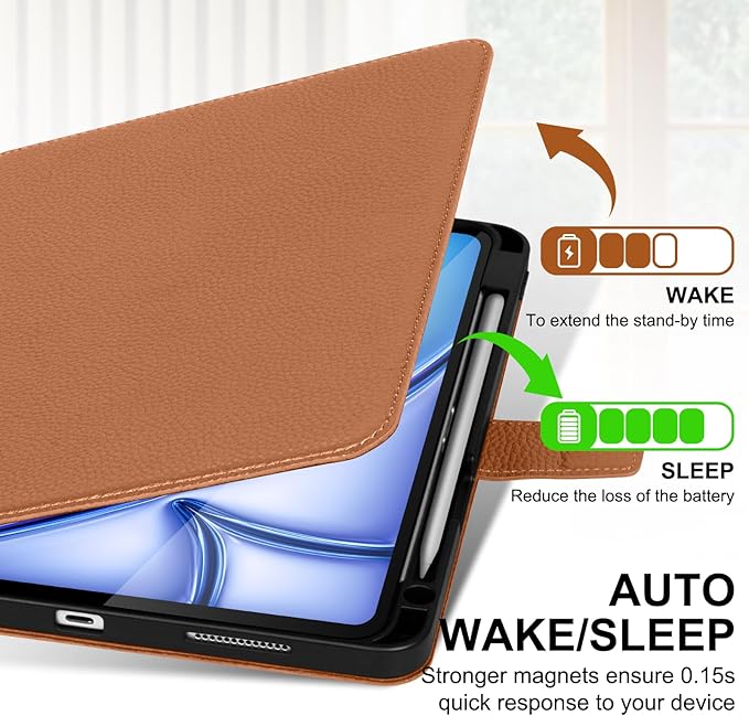 Genuine Leather Case for iPad Air 11" M4 2026/M3 2025/M2 2024, 5th/4th Gen 10.9" | with Pencil Holder and Adjustable Stand, Magnetic Closure, Auto Wake/Sleep Cover | Brown