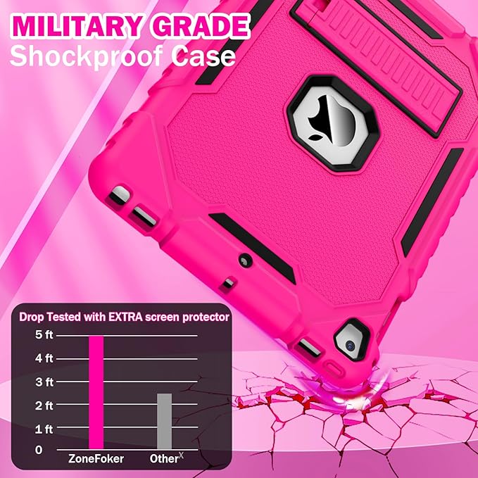 ZoneFoker 9.7" Case for iPad 6th/5th Generation 2018/2017, for iPad Air 2 / Air 1st / Pro 9.7, Heavy Duty Shockproof Protective 9.7 Inch Cover with Built-in Stand for i Pad 6 5 Gen (HotPink)