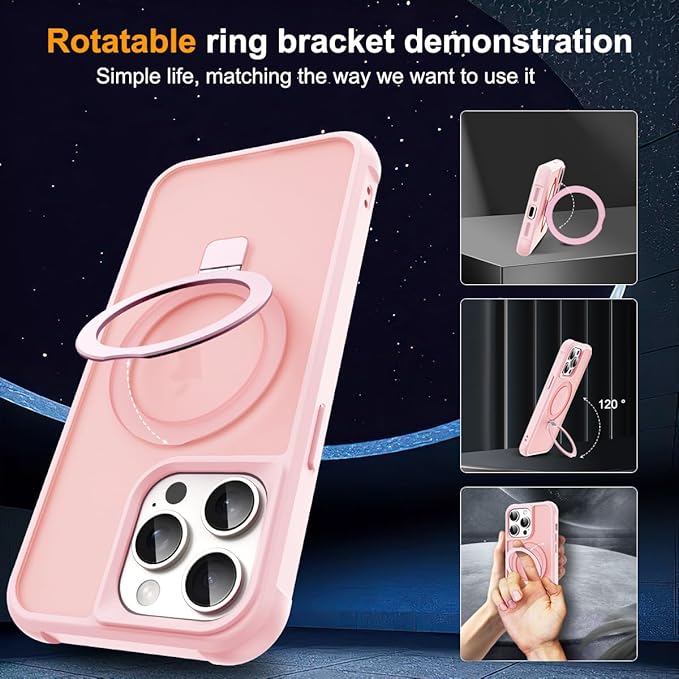 SKYLMW Compatible with iPhone 13 Pro Case with Invisible Magnetic O-Ring Stand Military-Grade Translucent Case for iPhone 13 Pro 6.1" [Compatible with Mag-Safe][Great Grip Feeling], Pink