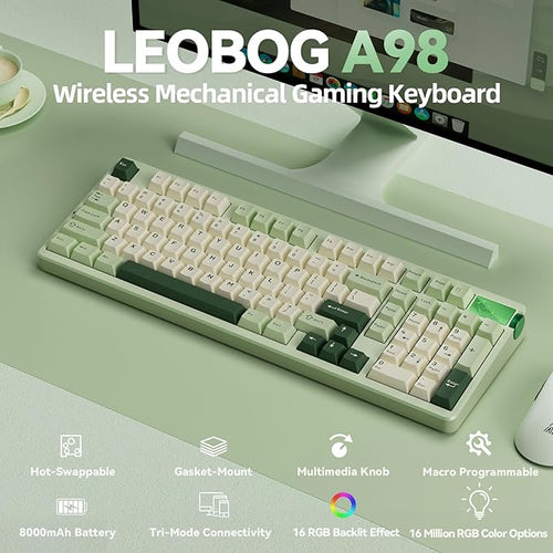 CORBOBO LEOBOG A98-96% Mechanical Keyboard Wireless, Tri-Mode BT5.0/2.4GHz/USB-C, Creamy Keyboard with Number Pad, Gasket Structure Hot Swappable, RGB Backlit Green Gaming Keyboards with Knob for PC