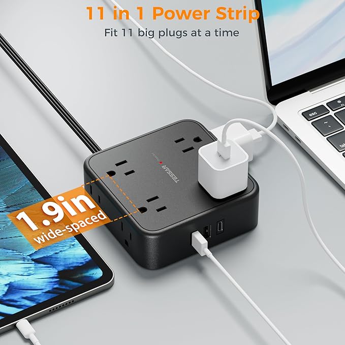 TESSAN Surge Protector Power Strip, 25 Ft Flat Plug Extension Cord with 3 USB (1 USB C) 8 Outlets, 1250W, 900J Protection, 3 Sided Outlet Extender with Power Switch for Office, Dorm Room, Black