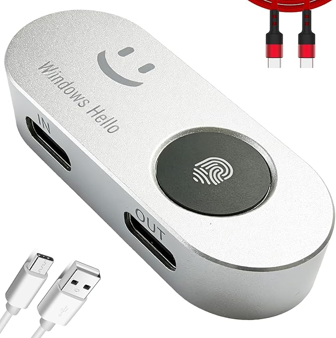 Portable USB Fingerprint Reader for Windows 10/11 PC and Laptops, Windows Hello Biometric Scanner, 360° Touch, Fast Login (<1 Second), Type-C Fingerprint Reader with Security Key.
