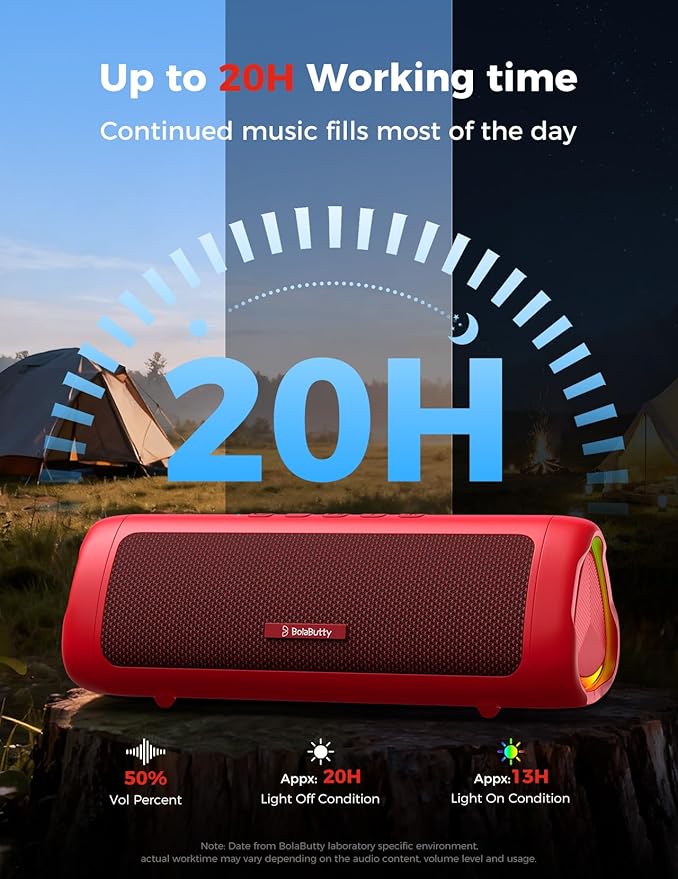 BolaButty Bluetooth Speaker Portable Wireless, IPX5 Waterproof, Up to 20H Playtime, TWS Pairing, BT5.3, for Home/Party/Outdoor/Camping/Beach Essentials, Birthday Gift (Red)