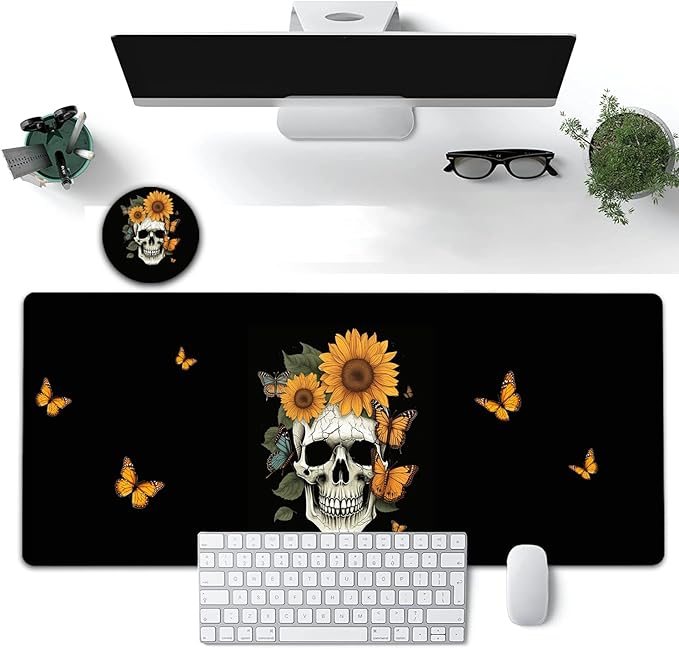 Large Mouse Pad, 31.5 x 11.8in Extended Gaming Mouse Pad with Stitched Edges, XXL Mousepad Protector Non Slip Rubber Base for Office and Home Writing Mat, Skulls and Sunflowers Pattern Black Desk Mat