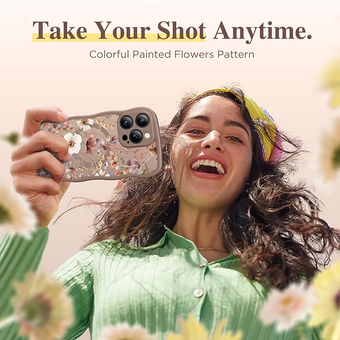 GVIEWIN for iPhone 15 Pro Max Case Compatible with MagSafe [Curly Wave Edge][Full Camera Protection] Floral Translucent Shockproof Magnetic Women Phone Case for 15 Pro Max 6.7'', Corn Poppy/Brown