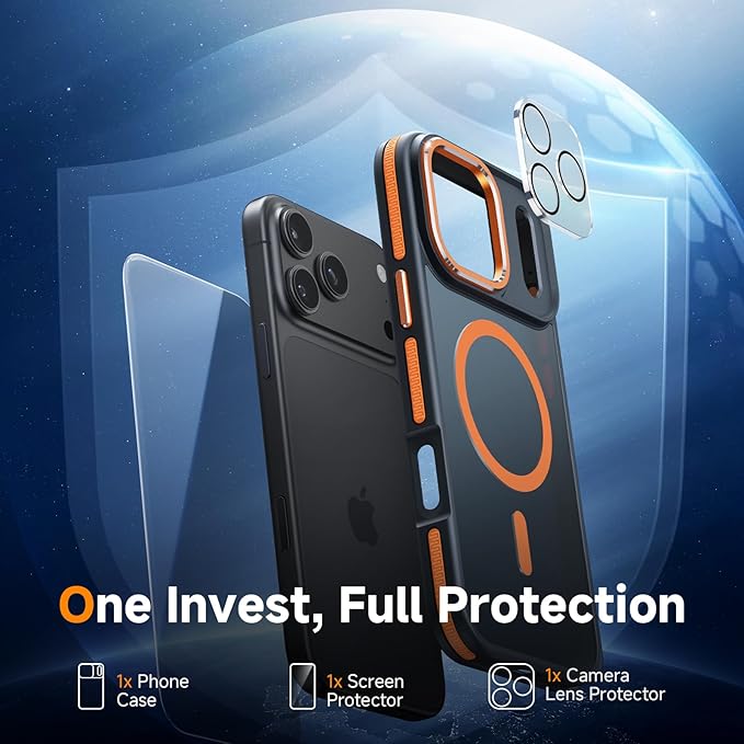 Magnetic 3 in 1 for iPhone 17 Pro Case, [Omni-Directional Protection] with 1x Screen Protector + 1x Camera Cover, [Seamless Work with Magsafe] Shockproof Slim Thin Case for iPhone 17 Pro Cosmic Orange