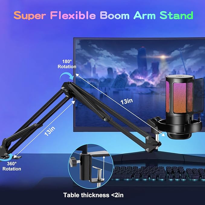 KingSom Gaming USB Microphone,Noise Cancellation Condenser Mic with Boom Arm,Podcast Microphones RGB Computer Mic,Streaming Microphone with Pop Filter, Mute Button,Gain for Recording,Discord,YouTube