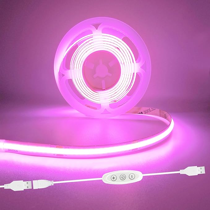 Pink LED Strip Lights USB 5V 4.9ft Small Dimmable COB Light Strip with USB Dimmer Switch for Bedroom, Gaming Setup, TV Backlighting, Vanity Mirror, DIY Crafts, Pink Room Decor