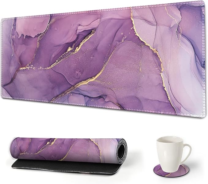 AIMSA Large Gaming Mouse Pad, XXL Keyboard Mouse Mat Extended Desk Pad with Stitched Edges, Durable Non-Slip Base Mousepad for Home Office, 35x15.7inch, Purple Marble