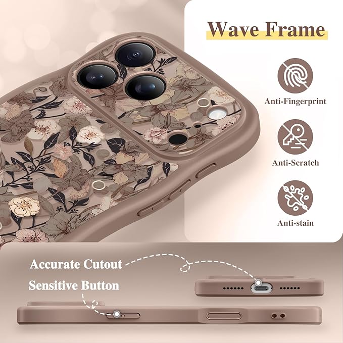 GVIEWIN for iPhone 17 Pro Case Compatible with MagSafe [Curly Wave Edge][Full Camera Protection] Floral Translucent Shockproof Magnetic Women Phone Case for iPhone 17 Pro 6.3'', Apricot Blossom/Brown