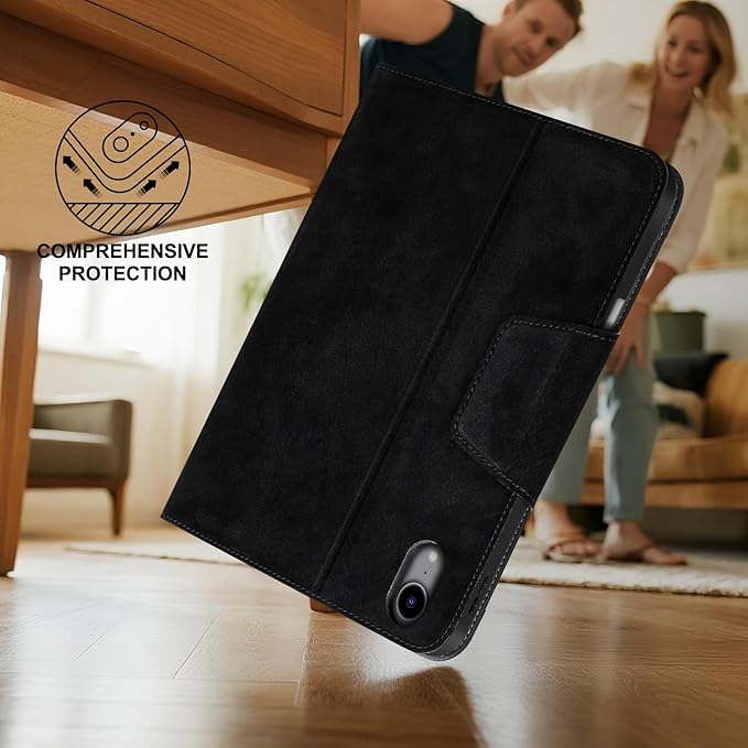 Gexmil Premium Leather Case for iPad mini 7 (A17 Pro) 2024 / iPad mini 6 Generation 2021 8.3 Inch,Pencil Holder, Magnetic Closure,Shockproof Cowhide Cover,Adjustable Stand,Sanded Black