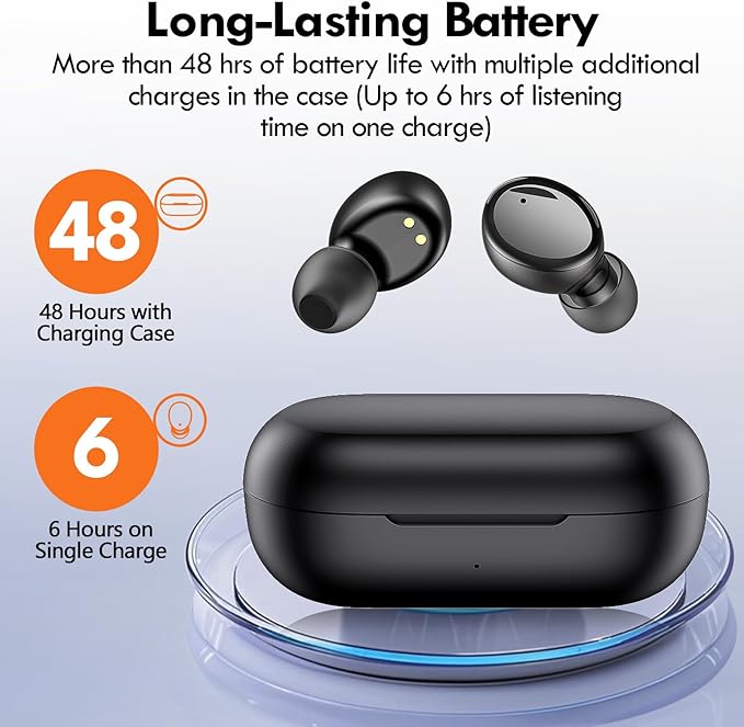 Lanteso True Wireless Bluetooth 5.4 Earbuds, 48H Playtime, Light Weight in Ear Headphones with Built in Mic, Premium Sound with Deep Bass, Clear Calls for Sports Workout, Black