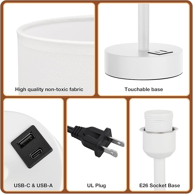 Dicoool White Touch Bedside Lamp for Bedroom - 3 Way Dimmable Table Lamp with USB, Nightstand Lamp with White Charging Station for Desk Dorm, Girl Kids Room, Small