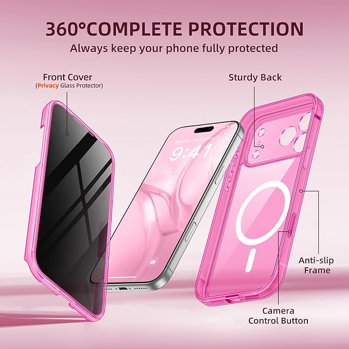 BERFY for iPhone 17 Pro Case, Compatible with MagSafe, Built-in Privacy Screen Protector, Camera Protection, Shockproof Full Body Phone Case 6.3", Clear Bright Pink