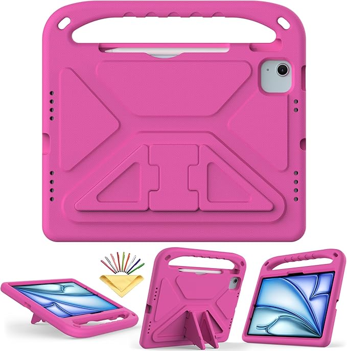 Kids Case for iPad Air 11 inch M4/M3/M2 (2026/2025/2024) & iPad Pro 11 inch M5/M4 (2025/2024) with Pencil Holder/Handle/Kickstand Lightweight Shockproof Cute Soft EVA Foam Stand Cover, Rose