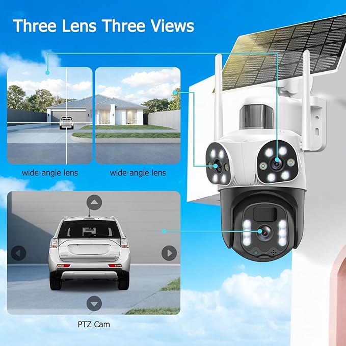 4K Solar Security Camera Wireless Outdoor with Dual-Lens,2.4G WiFi Cameras for Home Security with WiFi 6,8MP Color Night ViSion,PIR Motion Detection,Auto Tracking,2-Way Audio,Spotlight Siren,Alexa