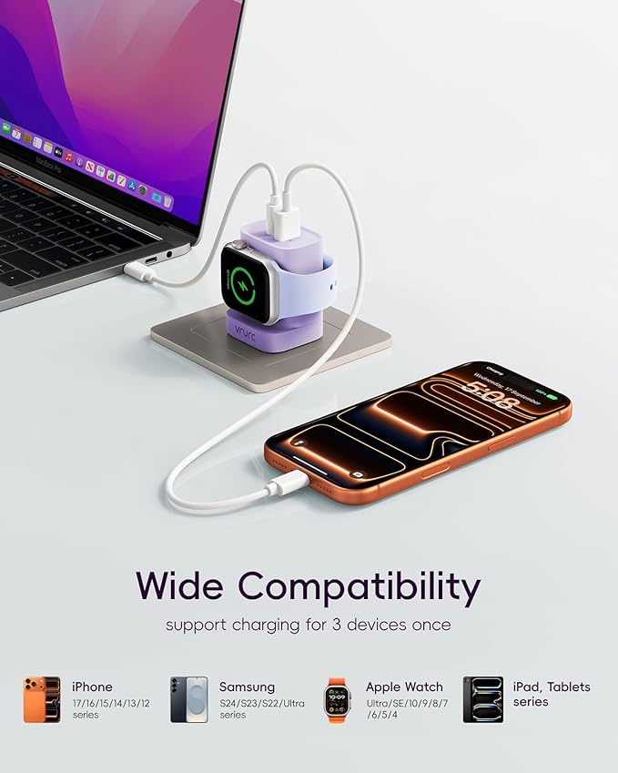 VRURC Charger for iPhone & Apple Watch, 20W USB C Fast Charging Block, 3-in-1 Compact Travel Adapter with 2 Port for iPhone 17/16/15/14/13, Wireless Magnetic for iWatch SE/11/10/9/8/7/6/5/4-Purple