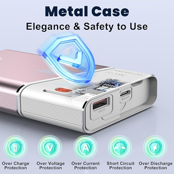 Aaoyun Portable Charger Power Bank, 20000mAh 22.5W PD Fast Charging Powerbank with Built-in USB C Cable, External Phone Battery Pack for iPhone 17/16/15 Samsung S24 Android etc, Pink
