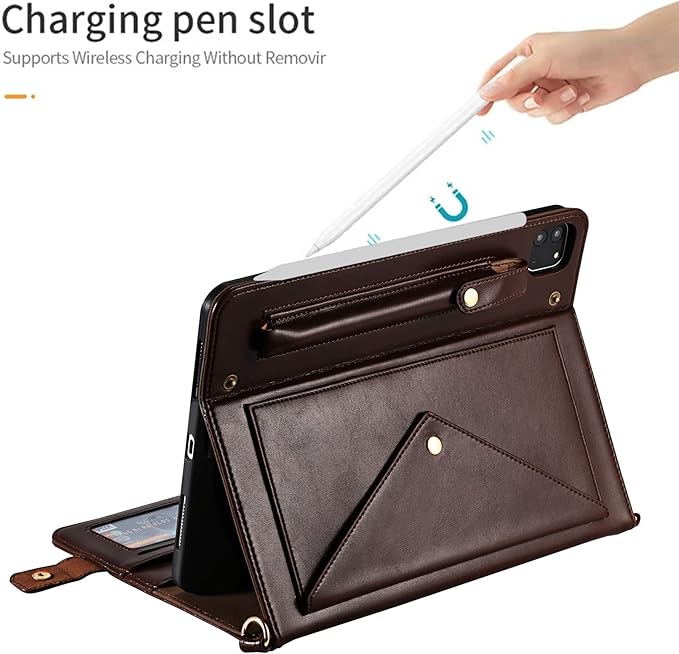 Handbag Case for iPad Air 13" & Pro 12.9" 2018-2022, Techcircle PU Leather Folio Stand iPad Crossbody Wallet Case with Pencil Pocket, Card Slots, Hand Strap+Shoulder Strap, Dark Brown