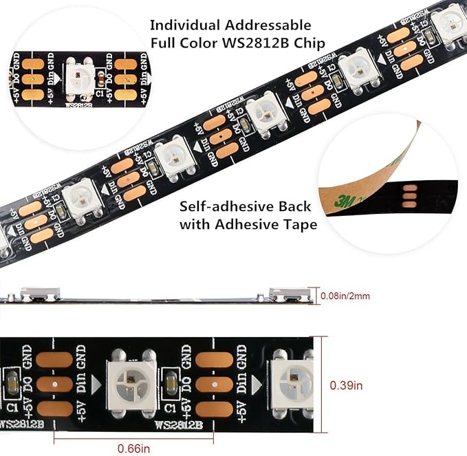 WS2812B LED Strip Lights 16.4ft 5M WS2812B 300LEDs Programmable Individual Addressable WS2811 Built-in 5050 RGB LED Strip IP30 Non-Waterproof DC5V with Mini Controller