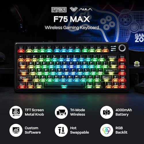 EPOMAKER X Aula F75 MAX Wireless Mechanical Keyboard with TFT Screen and Knob, Gasket Keyboard in 75% Layout, Hot Swappable Gaming Keyboard for PC/Mac/Linux (Matte Black)