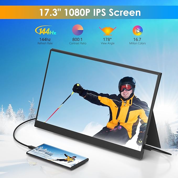 WGK Portable Monitor Narrow Edge 17.3” 1080P FHD 144Hz USB-C HDMI Gaming PC IPS HDR Screen for Travel PC Mac Phone Xbox PS5 Switch Laptop with Smart Cover and Built-in Speakers