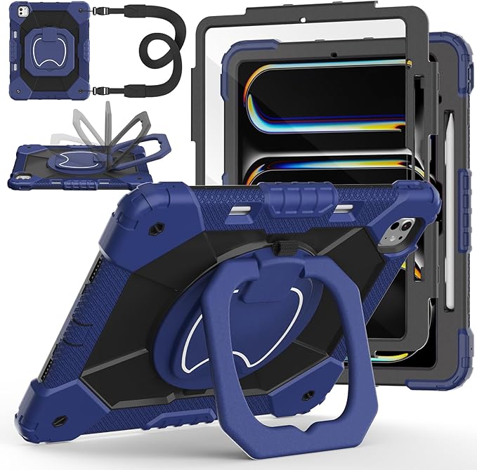 Case for iPad Pro 13 Inch M5 2025 / M4 2024, Auorld for iPad Pro 13 Inch M5 2025 with Screen Protector, 360 Degree Rotating Stand Shoulder Strap Pencil Holder, Navy Black