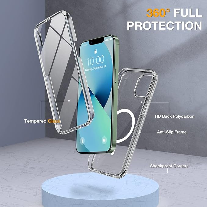 Miracase for iPhone 13 Case 6.1'',Full-Body Magnetic Clear Bumper Case with Built-in 9H Tempered Glass Screen Protector,Military Drop Protection Outdoor Phone Case,Clear