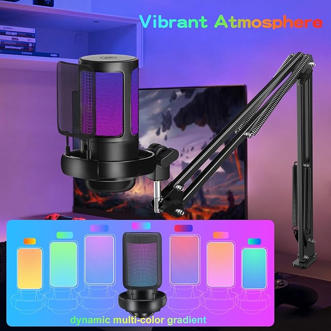 KingSom Gaming USB Microphone,Noise Cancellation Condenser Mic with Boom Arm,Podcast Microphones RGB Computer Mic,Streaming Microphone with Pop Filter, Mute Button,Gain for Recording,Discord,YouTube